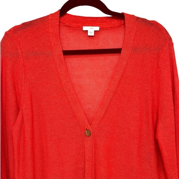 J. Jill Navy Red Linen Blend Lightweight Single Button Cardigan Womens Medium - Picture 3 of 7